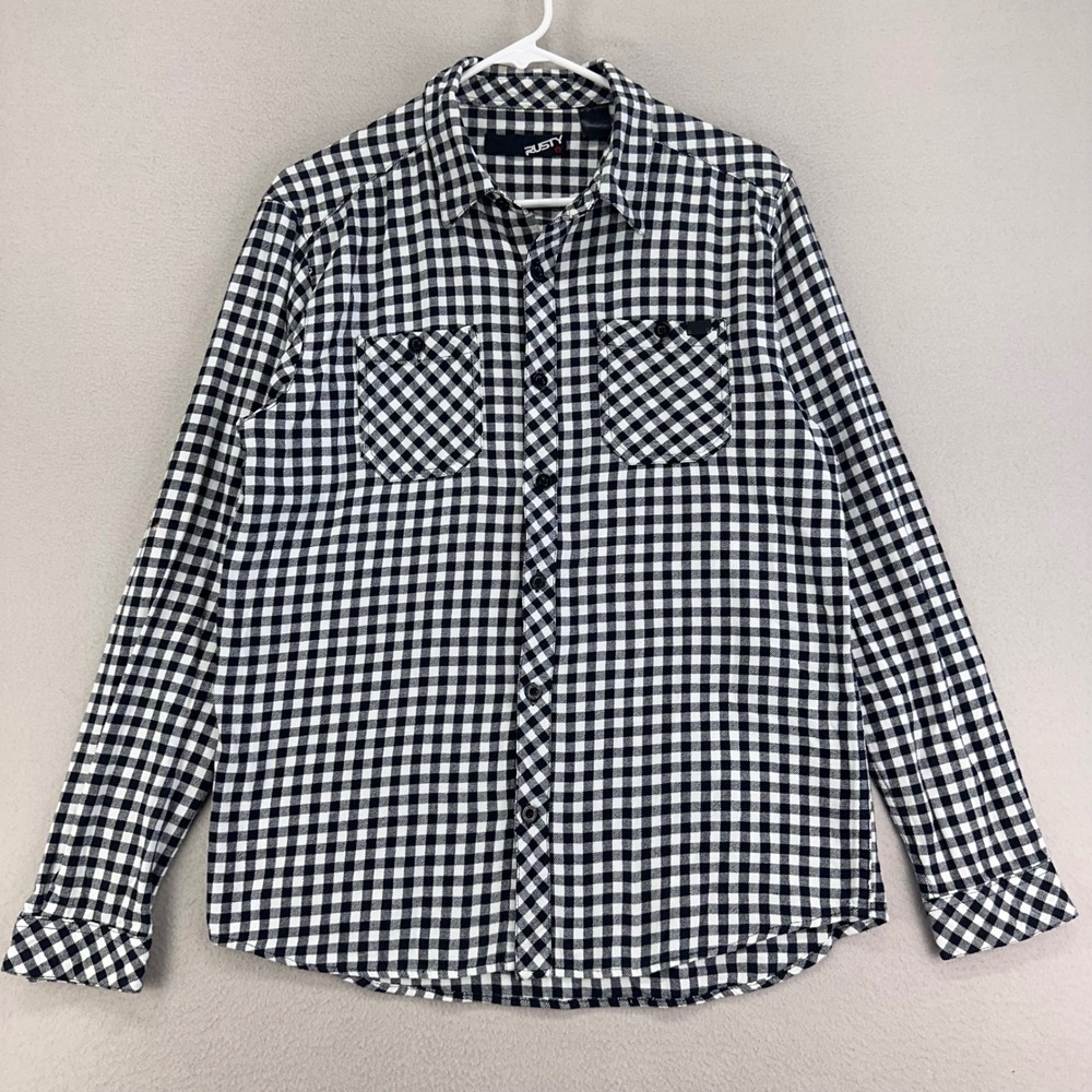 Rusty Flannel Shirt Mens M Black White Gingham Cotton Button‎ Up Y2K